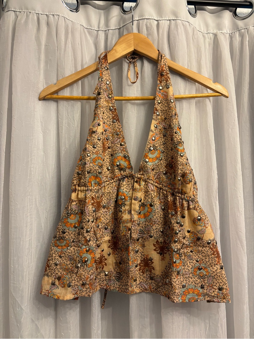 Boho Floral Halter Tank Top - Beige/Orange